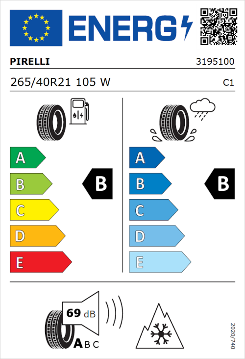 Tyre Label for Pirelli Scorpion Verde All Season 265/40R21 105W